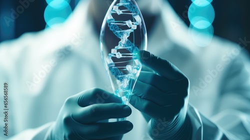 scientist biotechnologist holding blue helix DNA structure on hologram modern virtual screen interface and diagnose healthcare on digital network, Science, Medical technology and futuristic concept. photo