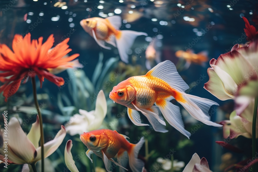 Goldfish with vibrant scales swimming among colorful aquatic plants Goldfish with vibrant scales swimming among colorful aquatic plants