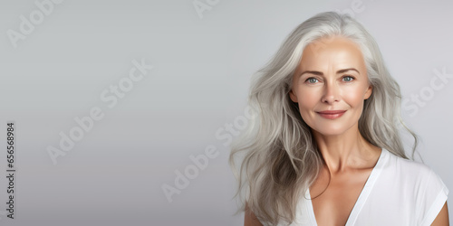 Beautiful woman with smooth healthy face skin. Gorgeous aging mature woman with long gray hair and happy smiling. Beauty and cosmetics skincare advertising concept. With copy space.