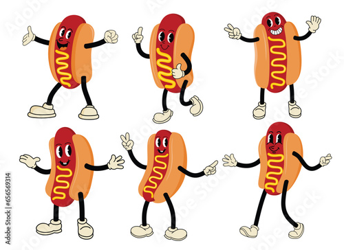Cute Hot dog cartoon character set. 