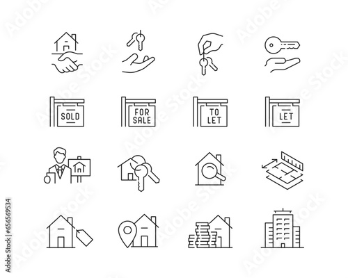 Real Estate Property Icon collection containing 16 editable stroke icons. Perfect for logos, stats and infographics. Edit the thickness of the line in any vector capable app. photo