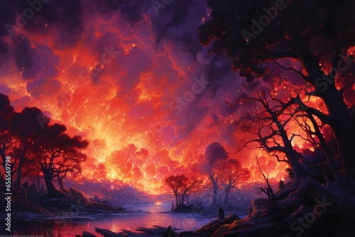 Incandescent fire consumes the night sky, painting it with vibrant hues