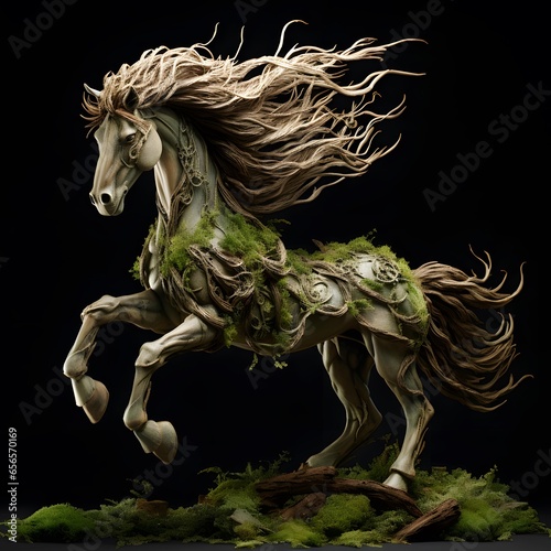 Horse statuette with long mane isolated on black background