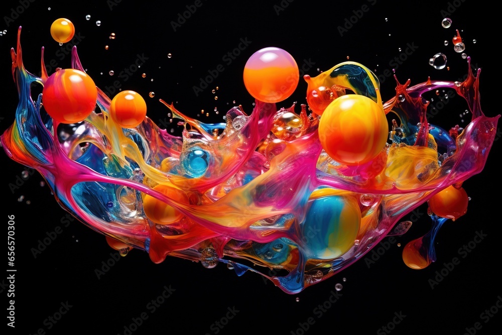 Liquid soap bubbles captured mid-burst, creating a multicolor splash - obrazy, fototapety, plakaty 