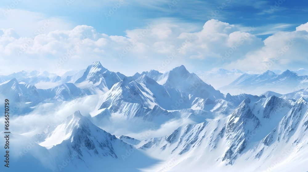 Panoramic view of snowy mountains in the clouds. 3D illustration