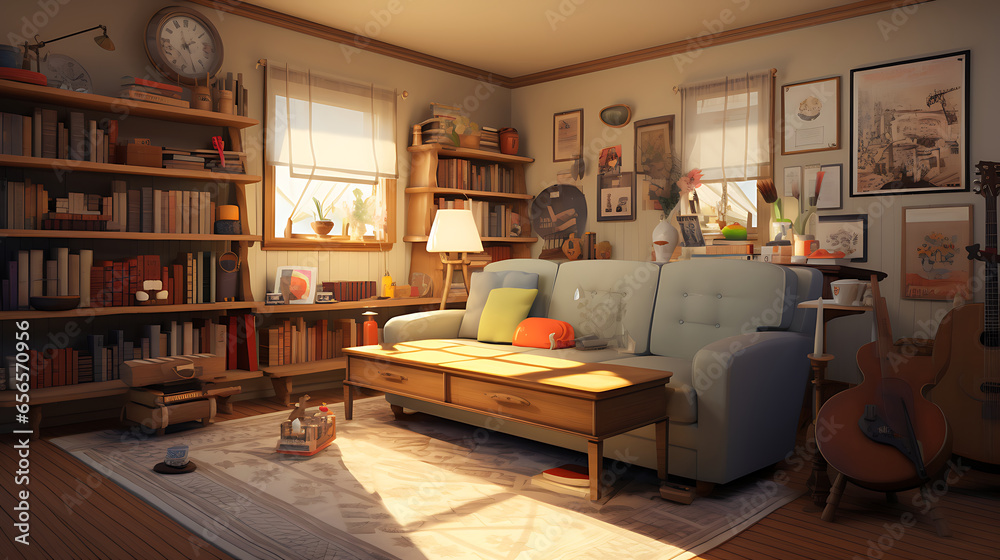 a cozy living room where an elderly couple sits together on a comfortable sofa, sharing stories and laughter, surrounded by family photos and mementos of their beautiful life journey