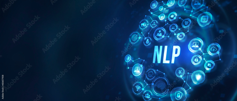 Internet, business, Technology and network concept. NLP Natural language processing AI Artificial intelligence. 3d illustration - obrazy, fototapety, plakaty 