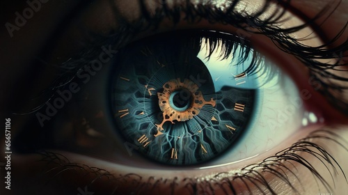 Clock watch timer in female human eye with long eyelashes. Time human age hour future past concept. photo