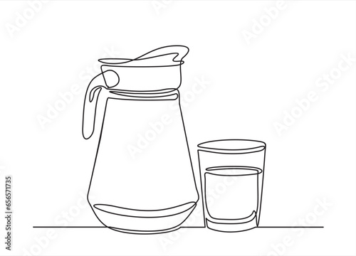 One line continuous drawing of pitcher with lemonade or juice or berry drink or sangria and glass
