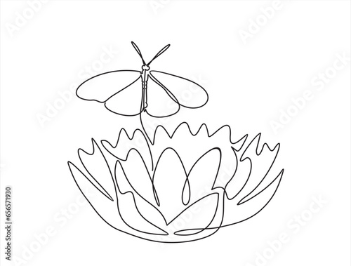 Lotus flower and butterfly isolated on white background. Continuous line drawing