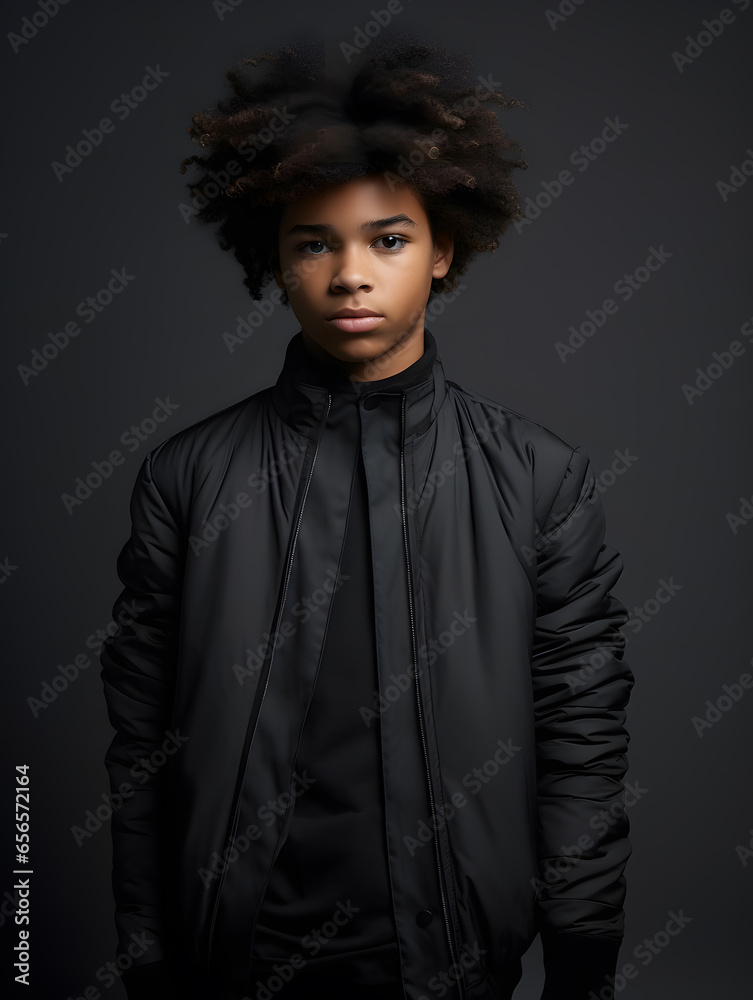 Minimalist tudio portrait of an african-american kid wearing a black jacket. Copy space