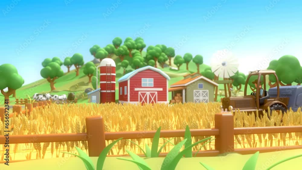 Farm with field, shed, cows and warehouse. Farmer harvesting wheat with ...