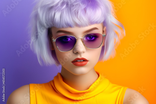 Colorful studio portrait of a cool teenager girl with age specific outfit and accessories. Bold, vibrant and minimalist. Copy space