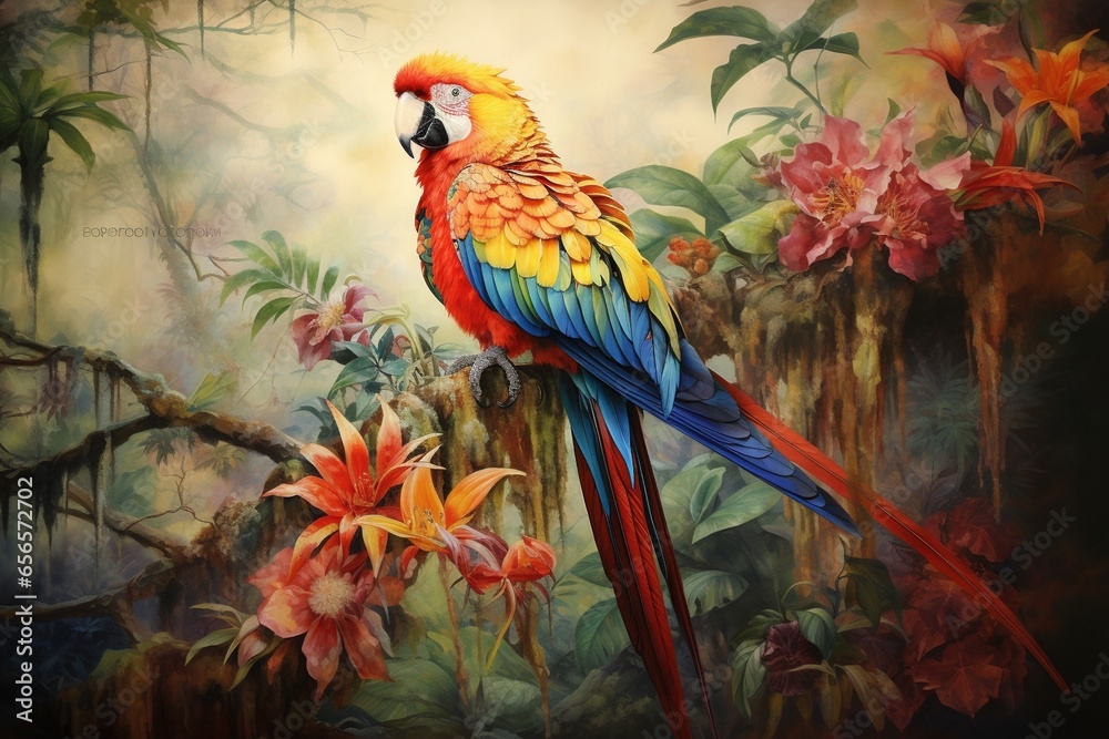 Parrot perched on a multi-hued branch with a jungle backdrop