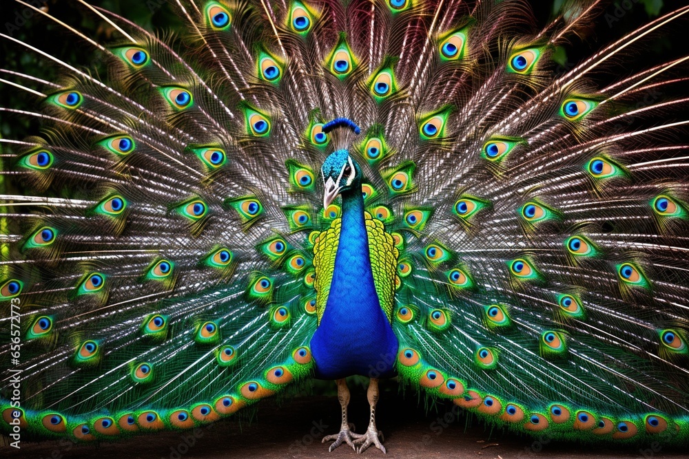 Obraz premium Peacock displaying its full spectrum of iridescent feathers