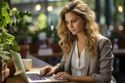 Portrait of a business woman using a laptop to work and Young woman is searching for information about her work on her laptop on vacation at a coffee shop.