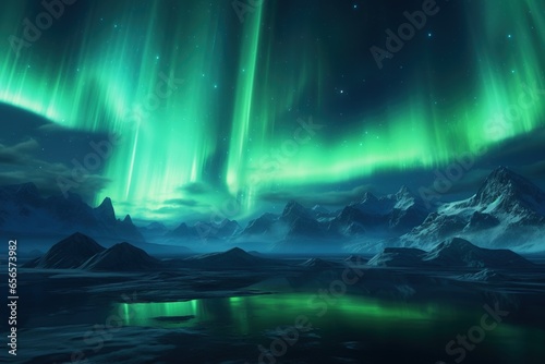 Shimmering aurora borealis simulation over an icy tundra landscape