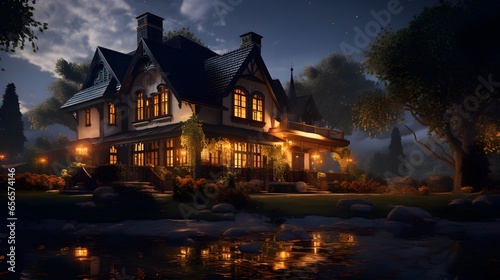 Illustration of a cottage in the forest at night with water reflection
