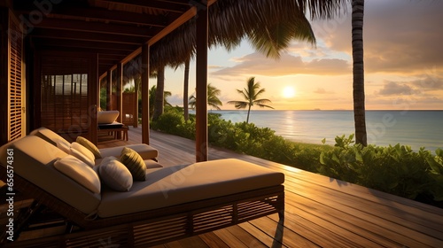 Panoramic view of a luxury villa on the beach at sunset