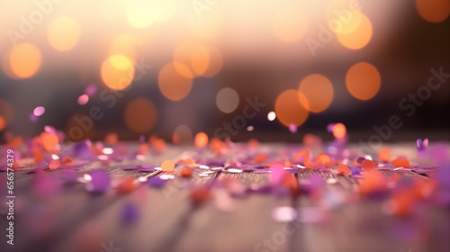Fond et arrière plan coloré avec fleurs et feuilles sur un sol en bois. Pour conception graphique, création. Ambiance festive, colorée, lumineuse, automnale et hivernale. Orange et violet