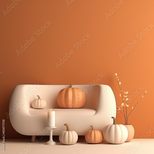 White sofa with pumpkins and flowers in orange background