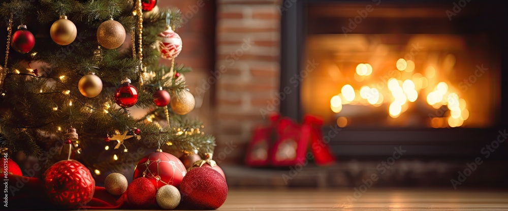 christmas tree and christmas ornaments in front of a fireplace Generative AI