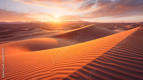 Panoramic view of sandy dunes in the desert at sunset