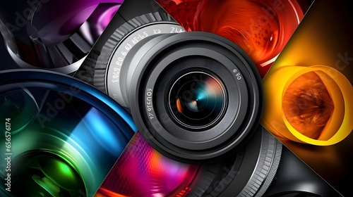 Abstract background with a lot of colorful photographic lenses. 3d rendering