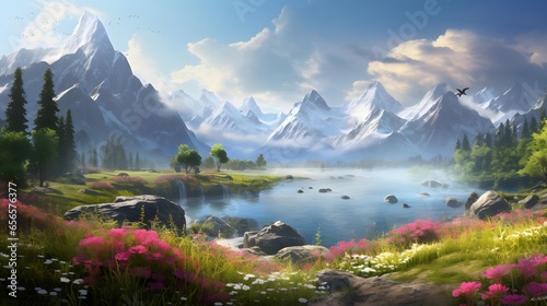 Panorama of a lake with pink flowers and mountains in the background