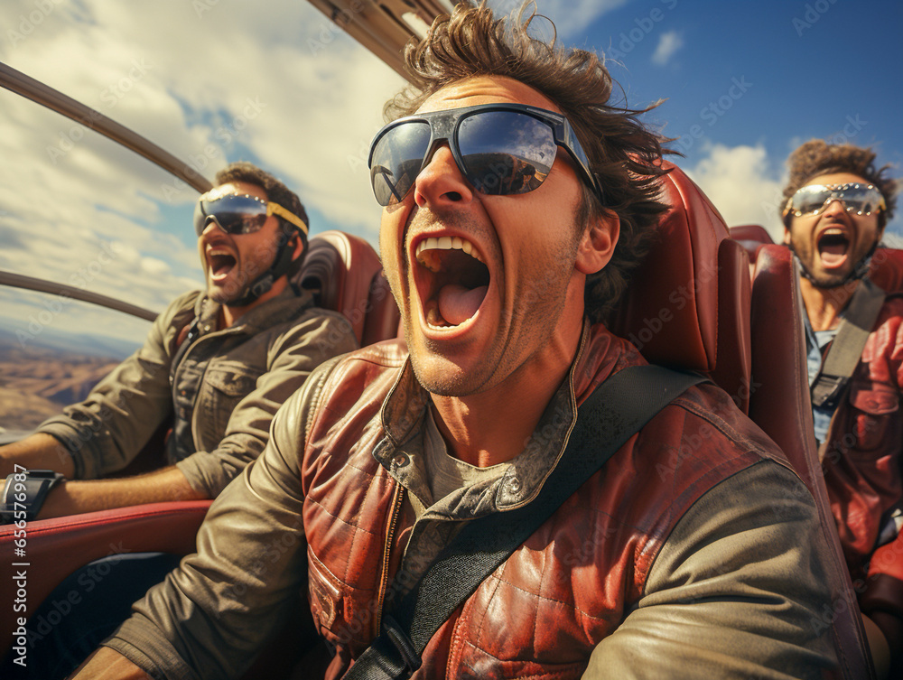 Fototapeta premium young mens rides a roller coaster in the amusement park