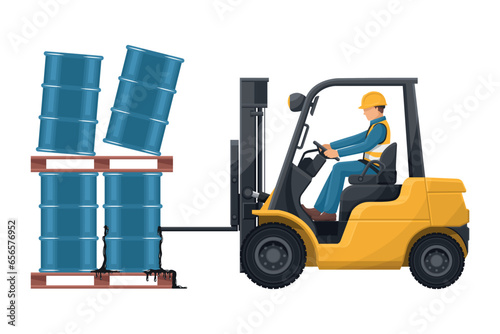 Forklift accident. Fork lift truck hitting barrel of hydraulic or petroleum oil, toxic materials. Forklift driving safety. Security First. Industrial Safety and Occupational Health