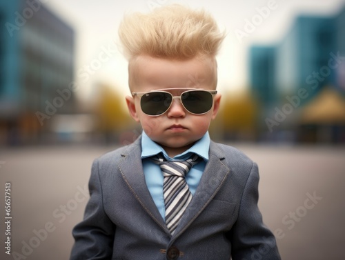 boy child, looks cool in a suit, jacket and tie, sunglasses, cool style, fashion suit, relaxing, working in uniform, kids style