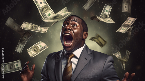 Funny black businessman screaming with money photo