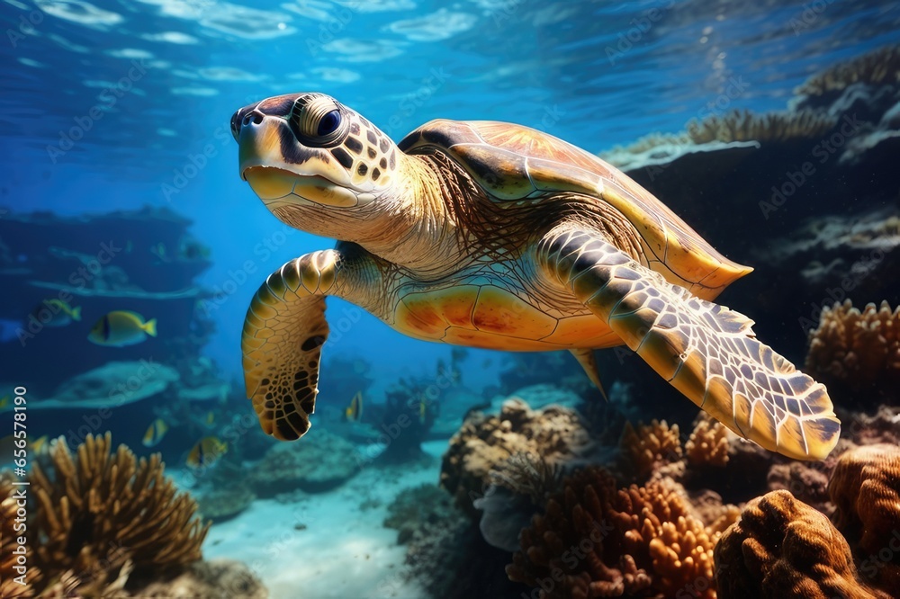 Fototapeta premium A sea turtle swimming through a colorful coral reef 