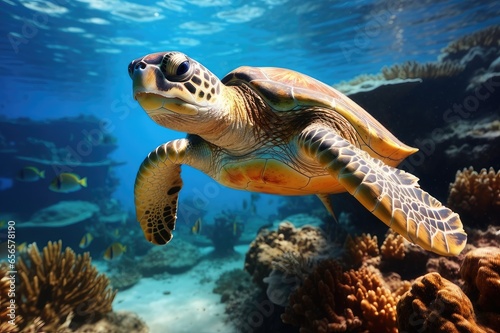 A sea turtle swimming through a colorful coral reef 
