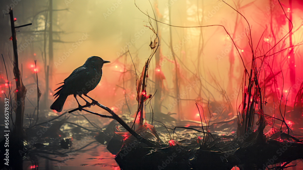 Fototapeta premium Birds in an Abstract Autumn Landscape Wallpaper Background Cover Digital Art Description AI