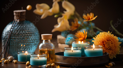 Relaxing Oils  with Aromatic Candles  Zen Moments Photography  Diwali Relaxation Essentials   Tranquil Blues and Gentle Yellows  and Mandala  Serenity of Diwali Relaxation  Indian Personal Care Brand