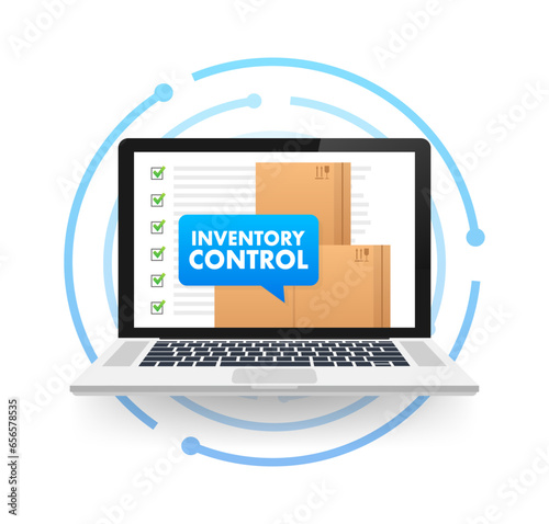 laptop with a box on the screen with text Inventory Control on Speech Bubble. Inventory Management. Vector stock illustration