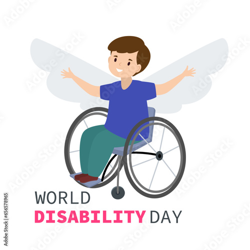 World Disability. Concept of supporting people with disabilities. Disabled person in a wheelchair holding hearts. Modern vector illustration.