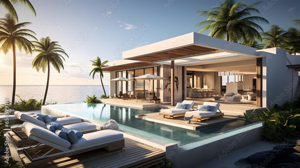 3d rendering of modern cozy house with pool and parking for sale or rent in luxurious style and beautiful landscaping on background. Clear sunny summer day with blue sky.