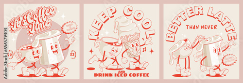 Collection cute cartoon characters of coffee, ice cream and milk foam. Vector illustration. Isolated desserts food and drink in retro nostalgic style 