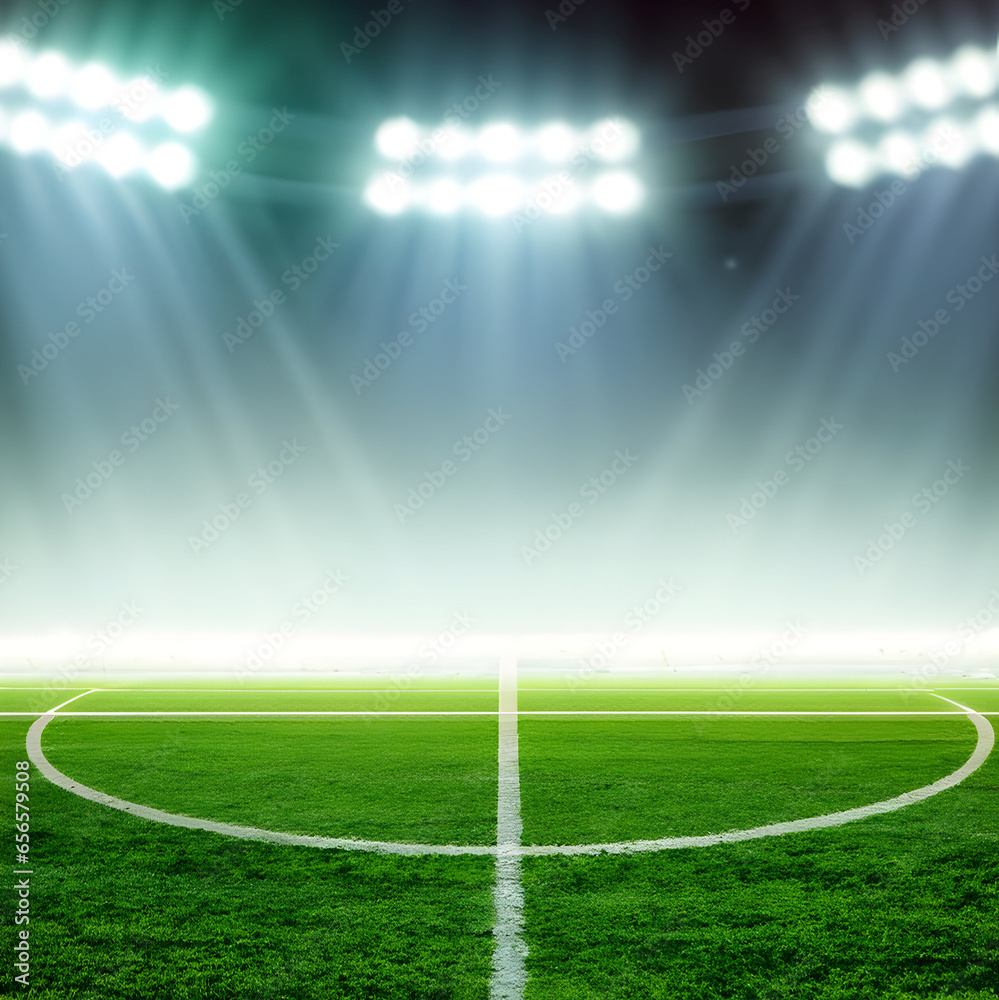 Green soccer field, bright spotlights, Ai generative