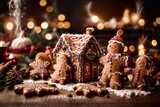 Gingerbread House, a man and snowballs on the table against the background of Christmas lights