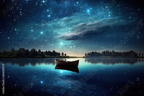 The silhouette of a lonely boat on a calm lake under a sky full of stars