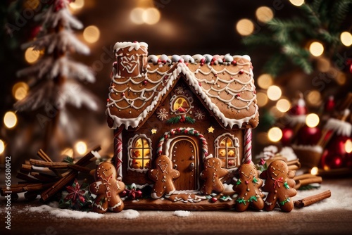 Beautiful decorated New Year gingerbread house near Christmas trees. holiday, food, handmade concepts