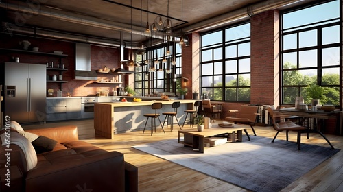 Panorama of modern living room in loft with large windows and sofa