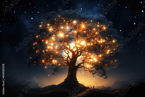 The silhouette of a solo tree with its branches adorned with fireflies