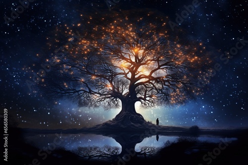 The silhouette of a solo tree with its branches adorned with fireflies