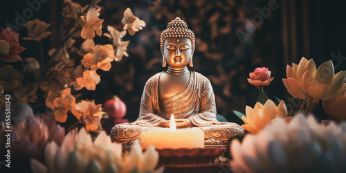 buddha statue and lotus flowers photo