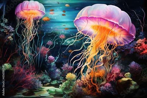 Underwater marine life, illuminated by soft watercolor hues